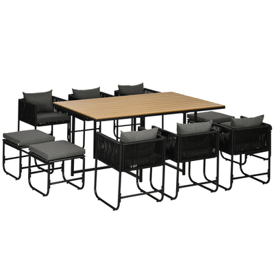 Outsunny 10 Seater Rattan Cube Garden Furniture Set, Rattan Dining Set with Cushions, Outdoor Dining Table and Chairs with 6 Armchairs, 4 Stools, Rectangular Wood Grain Plastic Top Table, Black 