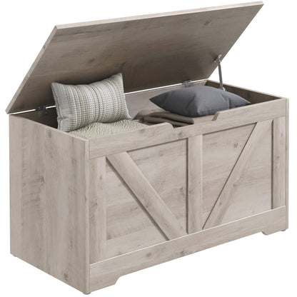 HOMCOM 100L Home Storage Box, with Safety Hinges - Grey Wood-Effect 