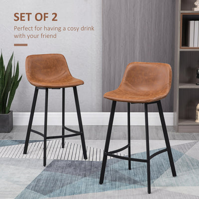 HOMCOM Bar Stools Set of 2, Industrial Kitchen Stool, Upholstered Bar Chairs with Back, Steel Legs, Brown 
