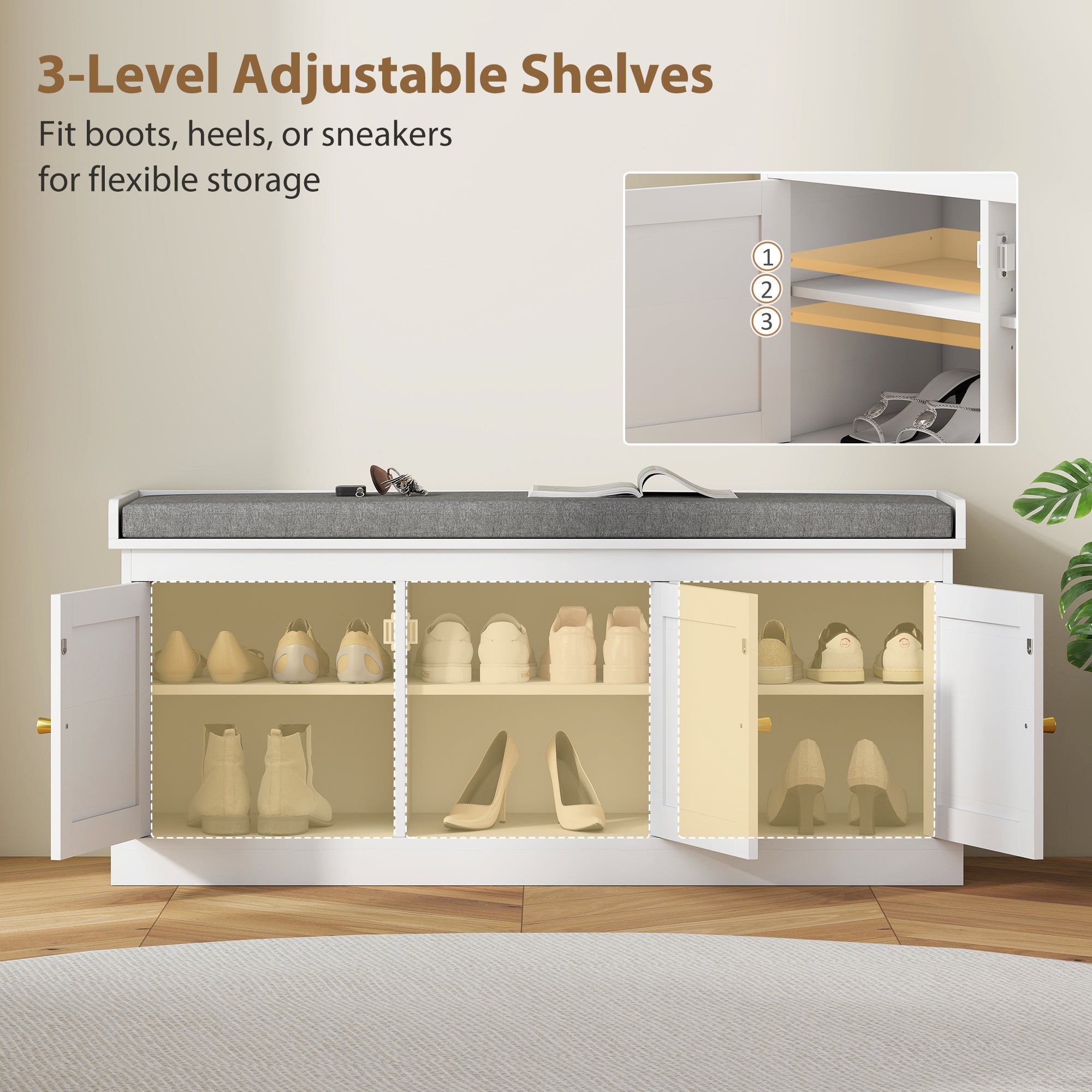 HOMCOM Shoe Storage Bench with Woven Rattan Doors, Seat - White