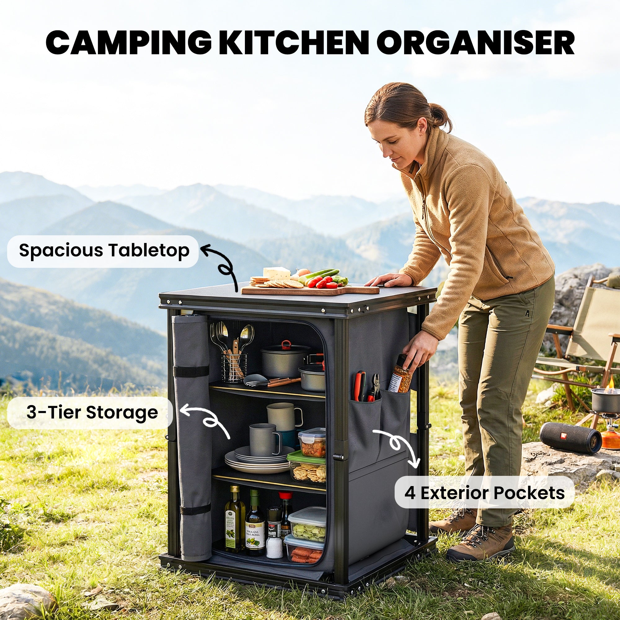 Outsunny Camping Camping Cupboards, Folding Portable Kitchen Table with 3-Tier Storage, Black 