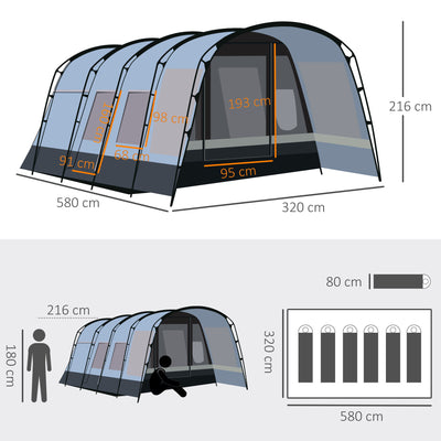 Outsunny 8-Person Camping Tent, Waterproof Family Tent, Tunnel Design, 4 Large Windows, Sleeping Cabins 3000mm Water Column Grey 