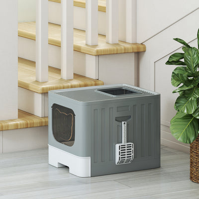 PawHut Cat Litter Box with Lid, Slide-Out Drawer, Scoop, Easy Clean, Odour Control, Anti-Splashing, Grey 