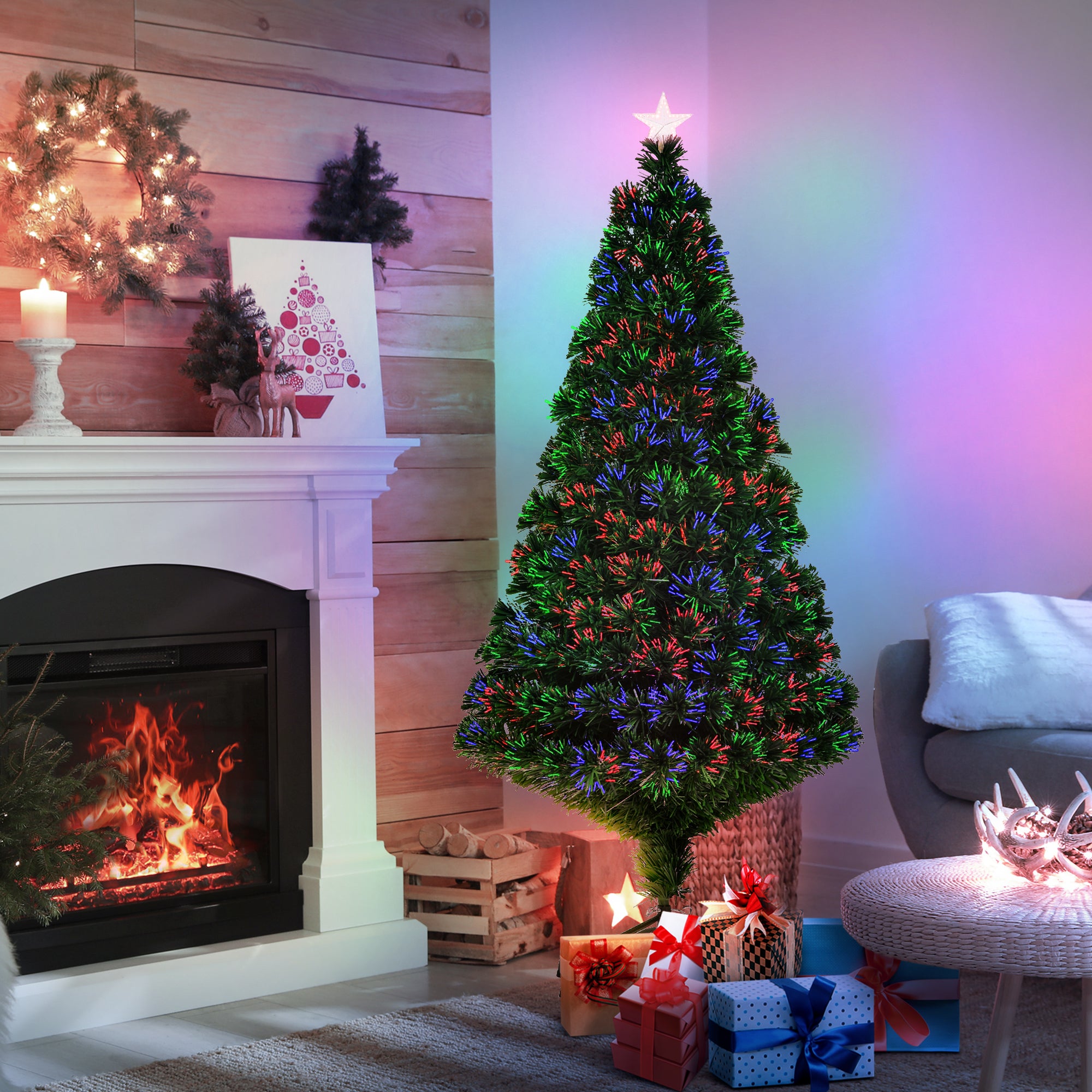 HOMCOM 5FT Pre-Lit Fibre Optic Artificial Christmas Tree Holiday Xmas Décor with Tree Topper Multi-Colour 