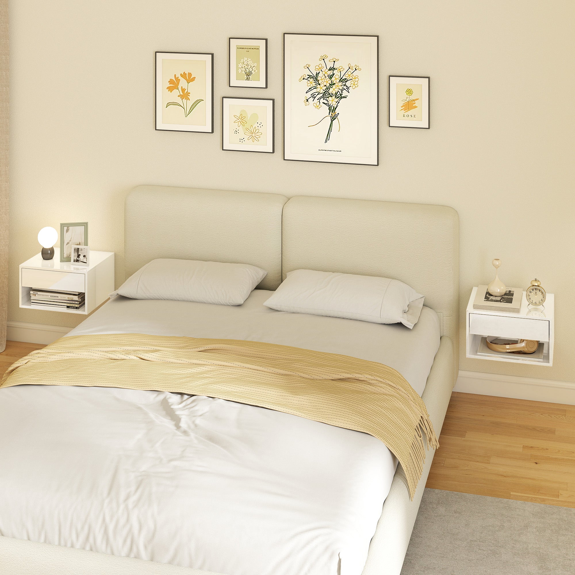 HOMCOM Set of Two Floating Bedside Tables, Wall Mounted Nightstand with Drawer and Open Shelf, High Gloss White 
