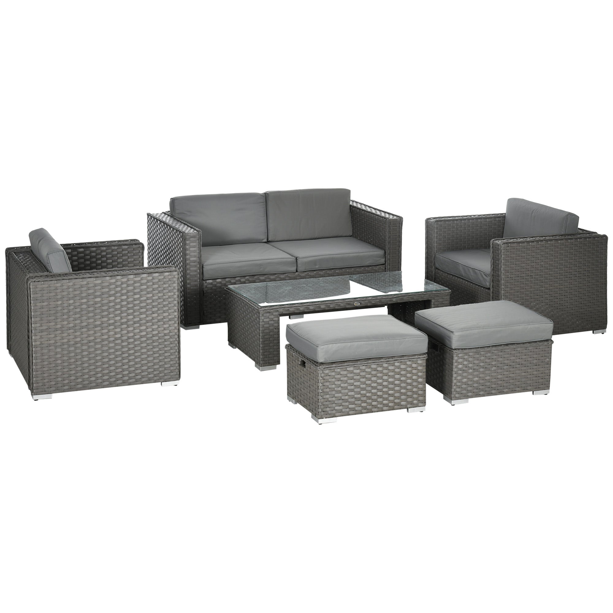 Outsunny 6PC Garden Rattan Sofa Set Bonzer Outdoor Furniture Patio Table Loveseat Stool Lounging Ottoman Aluminium Frame Wicker Weave Conservatory Grey 