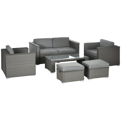 Outsunny 6PC Garden Rattan Sofa Set Bonzer Outdoor Furniture Patio Table Loveseat Stool Lounging Ottoman Aluminium Frame Wicker Weave Conservatory Grey 