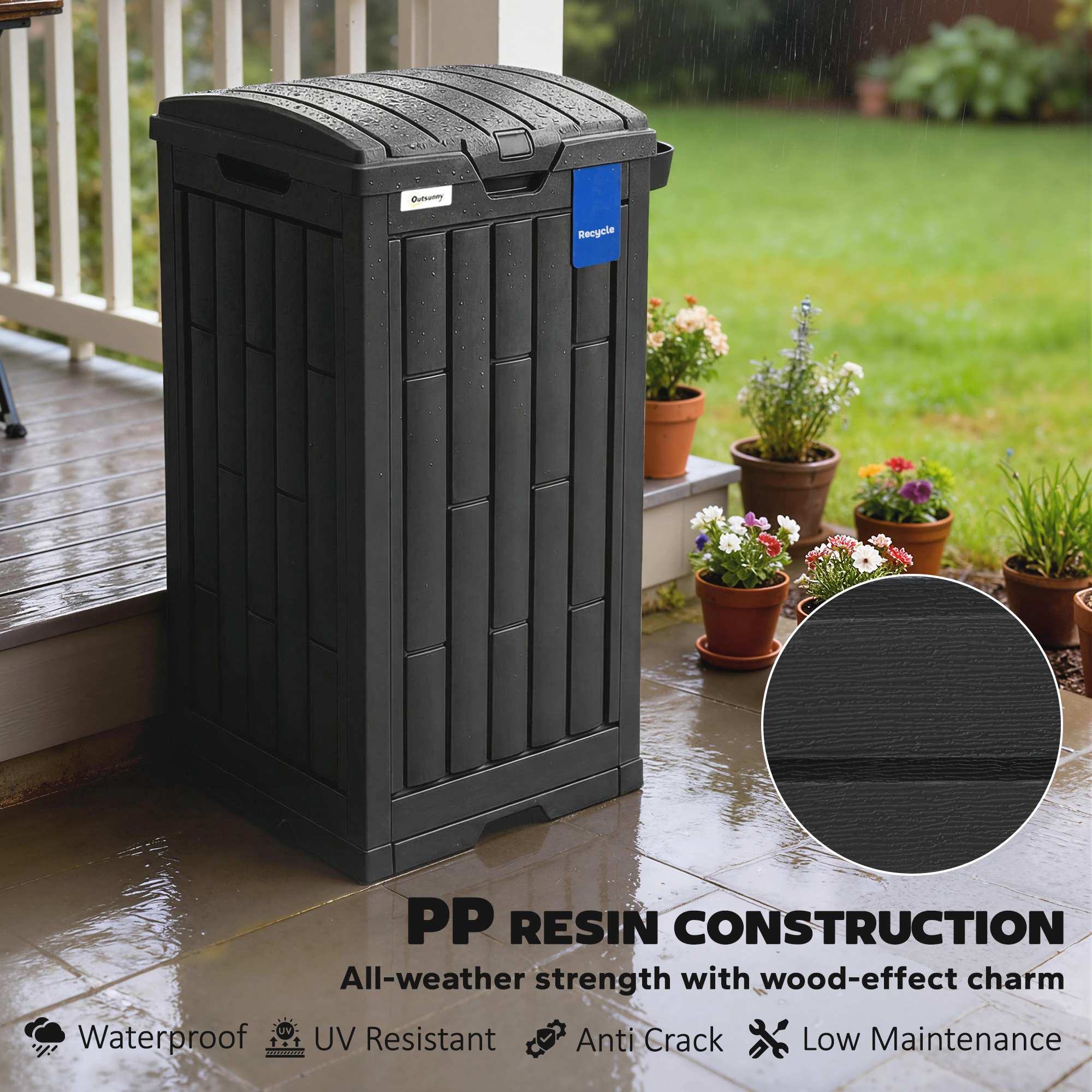 Outsunny 110 L Outdoor Bin with Dual Lid, Waterproof Plastic Trash Bin with Ashtray and Drip Tray, Garden Waste Trash Bin, Black 
