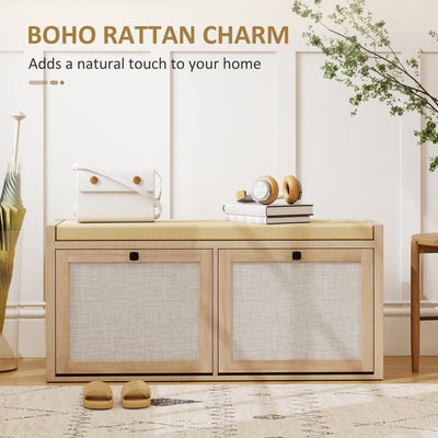 HOMCOM Rattan Shoe Bench with Padded Cushion and 2 Cabinets for Hidden Storage, Oak Wood Effect