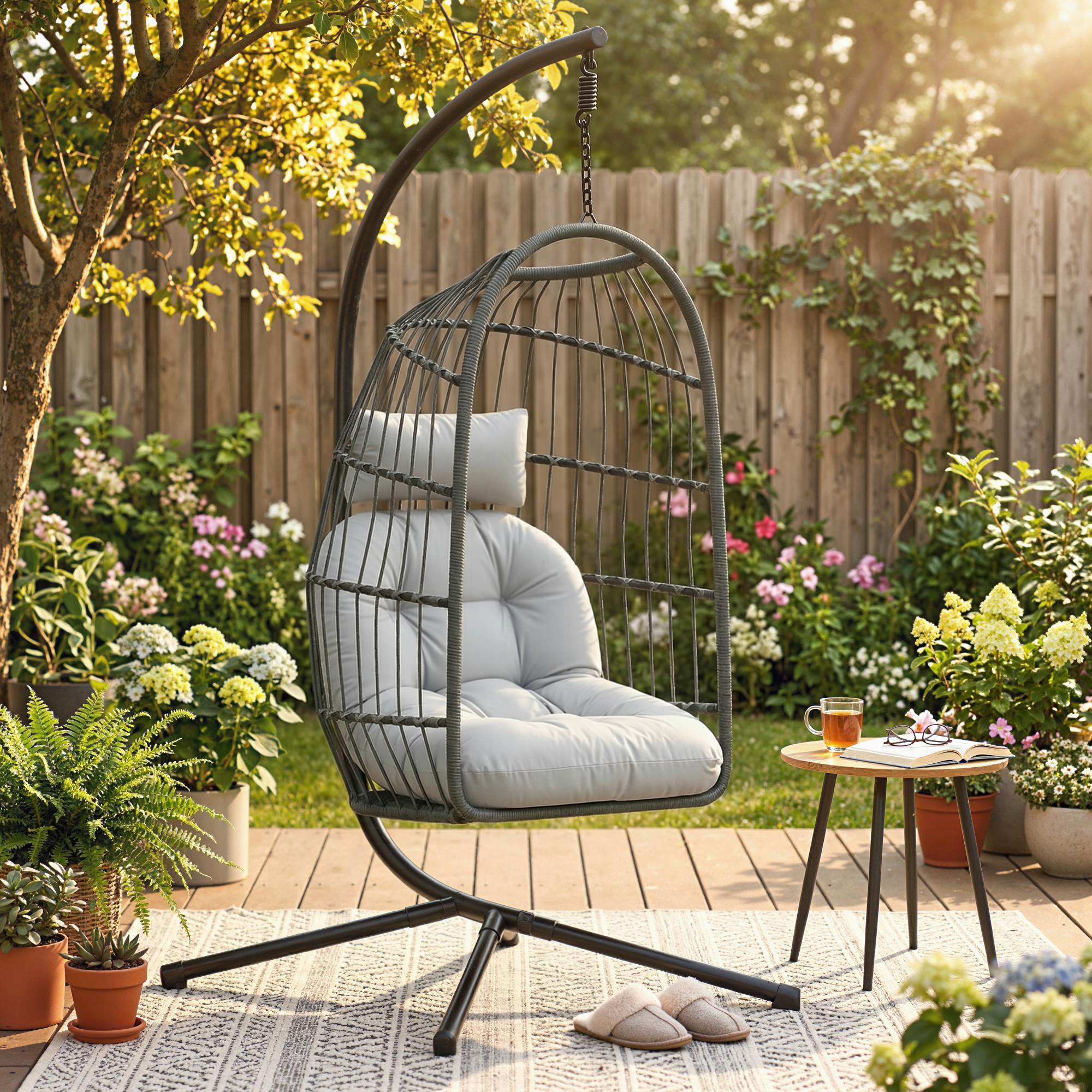Outsunny Hanging Egg Chair, Indoor Outdoor Hammock Swing Chair with Stand, Safety Strap, Foldable Basket, Dark/Light Grey 