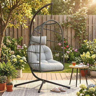 Outsunny Hanging Egg Chair, Indoor Outdoor Hammock Swing Chair with Stand, Safety Strap, Foldable Basket, Dark/Light Grey 