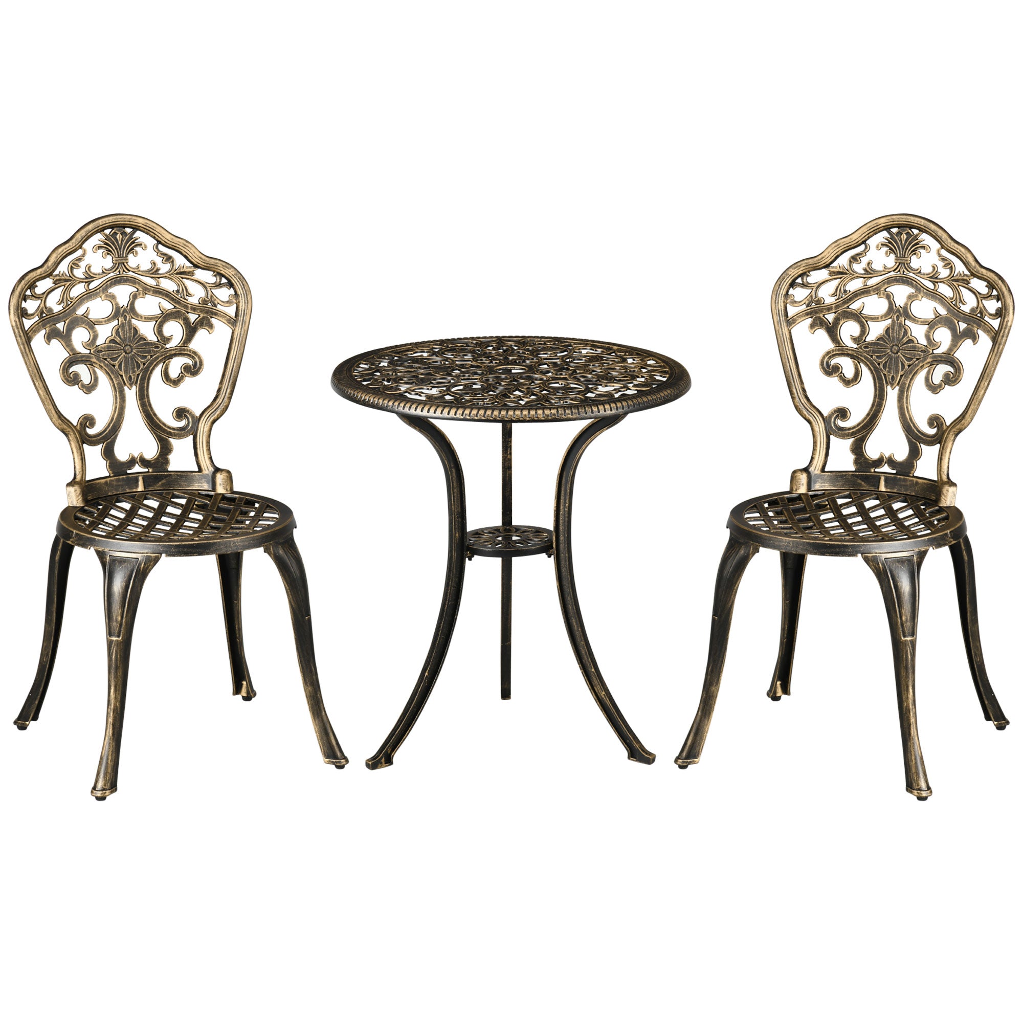 Outsunny 3 Piece Cast Aluminium Garden Bistro Set for 2 with Parasol Hole, Outdoor Coffee Table Set, Two Armless Chairs and Round Coffee Table for Balcony, Patio, Bronze 