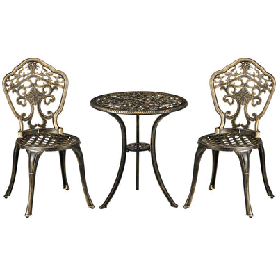 Outsunny 3 Piece Cast Aluminium Garden Bistro Set for 2 with Parasol Hole, Outdoor Coffee Table Set, Two Armless Chairs and Round Coffee Table for Balcony, Patio, Bronze 