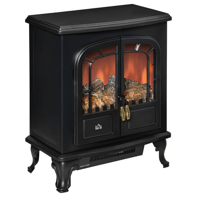 HOMCOM Electric Fireplace Stove Heater with LED Fire Flame Effect, Double Door, Freestanding & Portable with Overheat Protection, 1000W/2000W, Black 