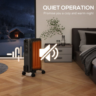 HOMCOM 1500W Oil Filled Radiator, 7 Fin, Portable Electric Heater with 3 Heat Settings, Safety Cut-Off and Wheels, Grey 