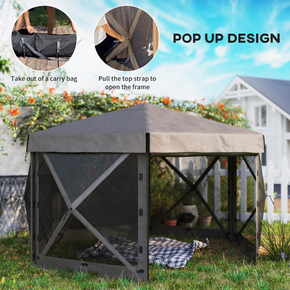 Outsunny 3 x 3(m) Hexagon Pop Up Gazebo with 5 Sides and Carry Bag, Waterproof, UV Resistant Party Tent Instant Event Shelter with Netting for Garden, Patio, Brown