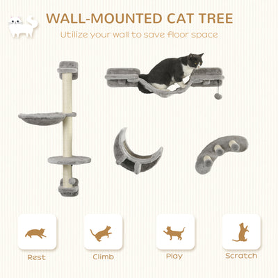 PawHut Four-Piece Cat Wall Furniture, with Hammock, Ladder, Platforms, Steps, for Indoor Use - Grey 