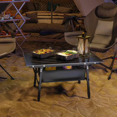 Outsunny Folding Camping Table, 90 x 55 cm Height Adjustable Portable Collapsible Table, 3ft Lightweight Aluminium Rollup Picnic Table with Storage Basket for Outdoor Garden Party BBQ, Black 