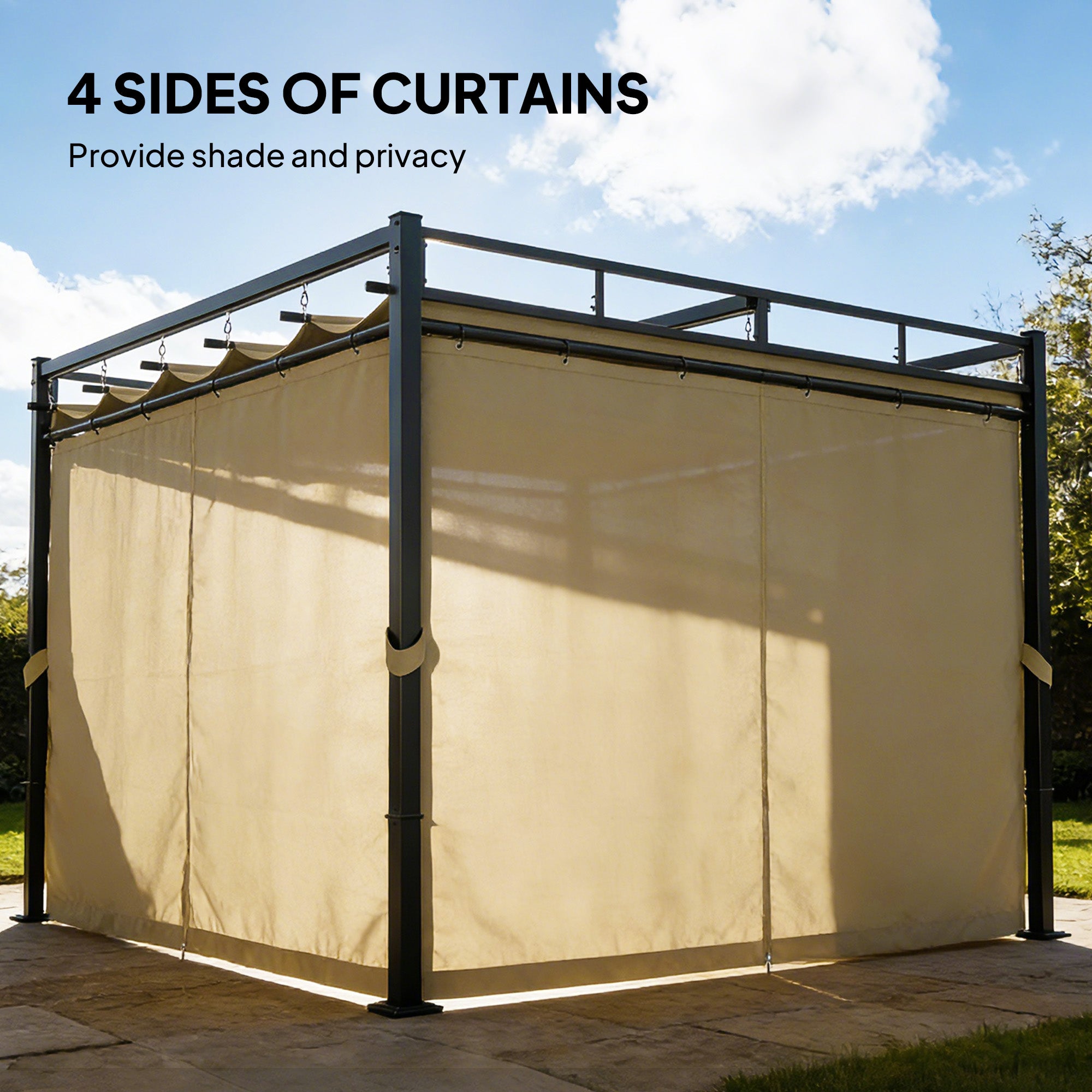 Outsunny 3 x 3 m Pergola with Retractable Roof Canopy and Curtains, UPF30+ Metal Frame Garden Pergola Gazebo Sun Shade, Khaki 