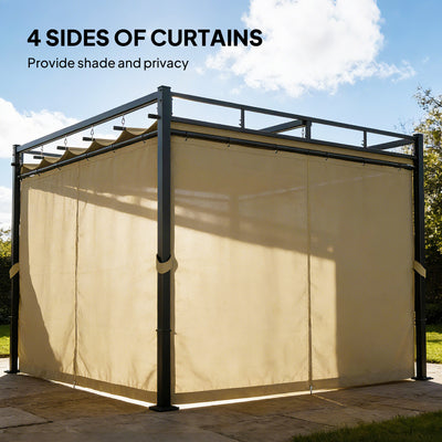 Outsunny 3 x 3 m Pergola with Retractable Roof Canopy and Curtains, UPF30+ Metal Frame Garden Pergola Gazebo Sun Shade, Khaki 