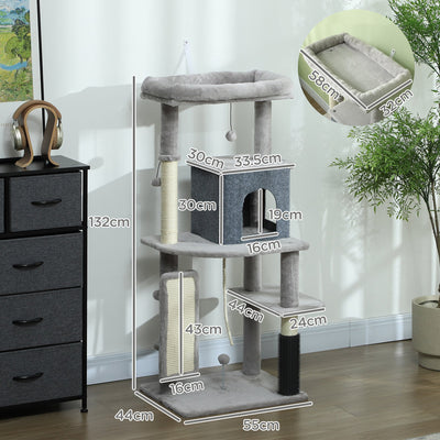 PawHut 132cm Cat Tree w/ Scratching Posts, Pad, Cat Bed, Cat House, Jumping Platform, Grooming Brush, Anti-Tip Kit, Light Grey 