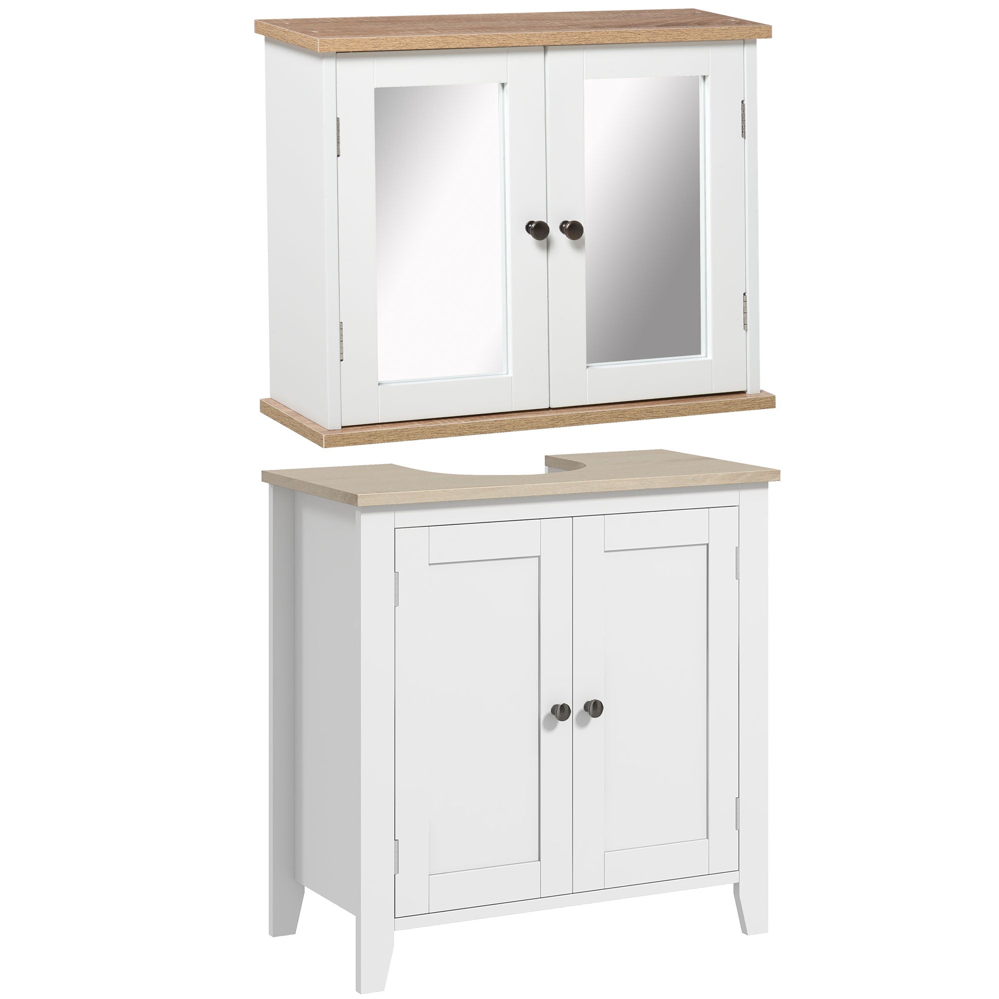 kleankin Bathroom Furniture Set, Mirror Cabinet Wall Mounted with Adjustable Shelf, Bathroom Sink Cabinet with Storage, White and Wood Grain 