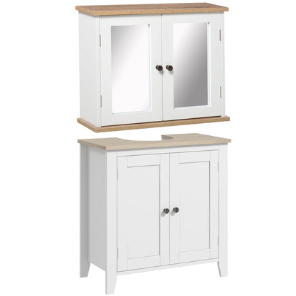 kleankin Bathroom Furniture Set, Mirror Cabinet Wall Mounted with Adjustable Shelf, Bathroom Sink Cabinet with Storage, White and Wood Grain 