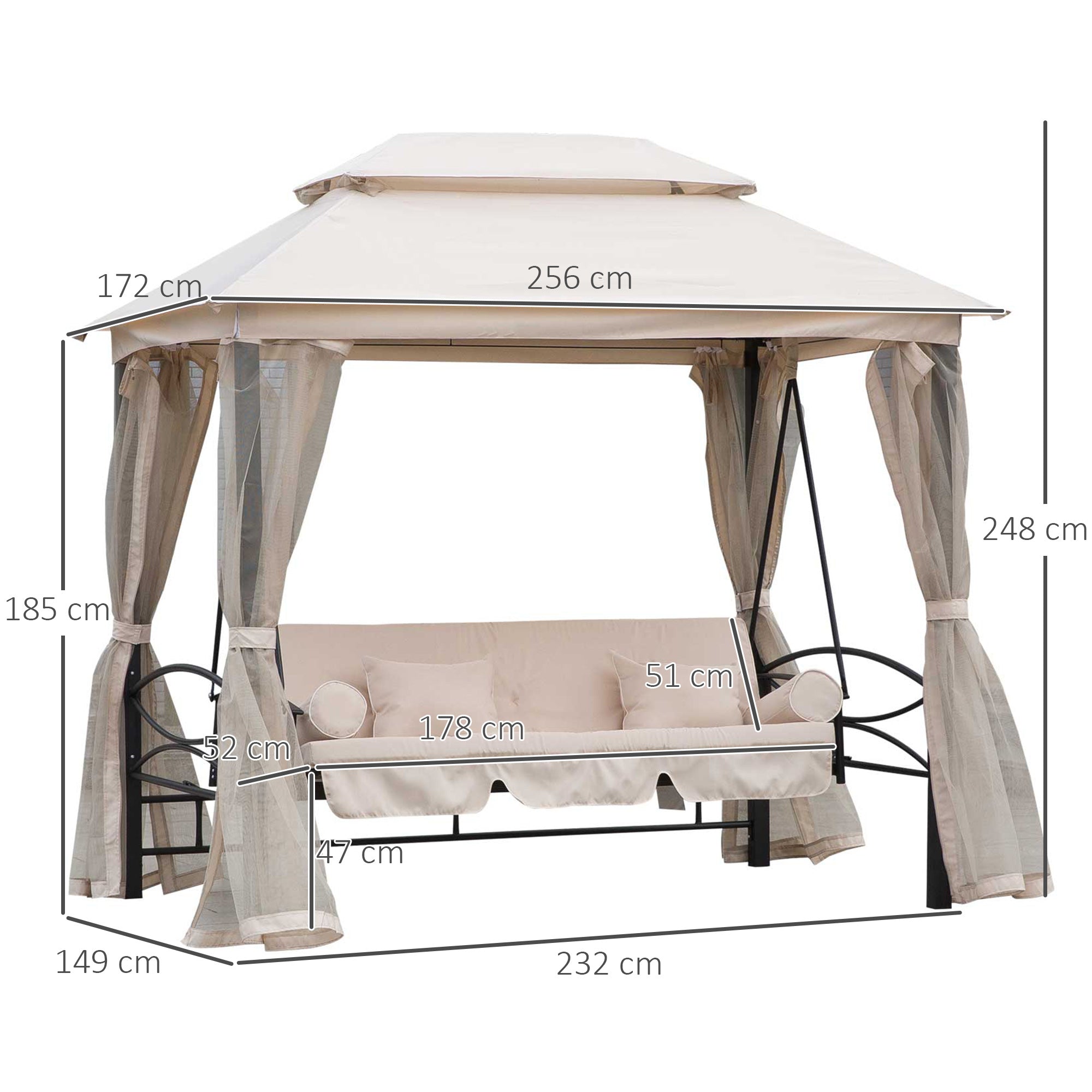 Outsunny 2-in-1 Convertible Gazebo Swing Chair Bed W/Netting, 245Lx165Wx243H cm-Beige/Black 