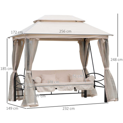 Outsunny 2-in-1 Convertible Gazebo Swing Chair Bed W/Netting, 245Lx165Wx243H cm-Beige/Black 