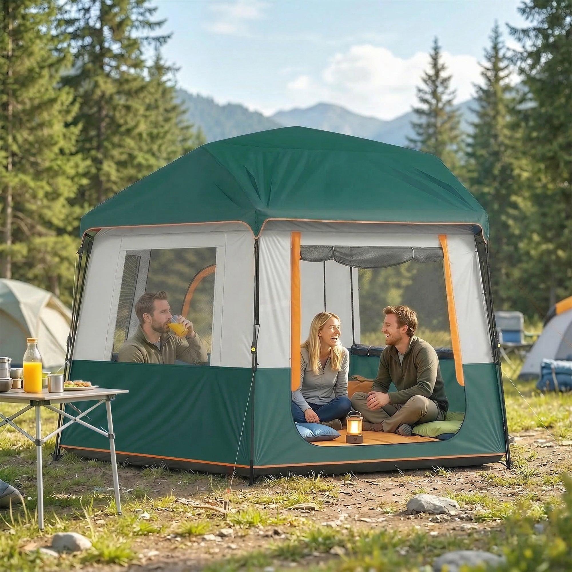 Outsunny Cabin Tent Easy Setup 3000mm Waterproof Camping Tent 4 Person with Carrying Bag Green 