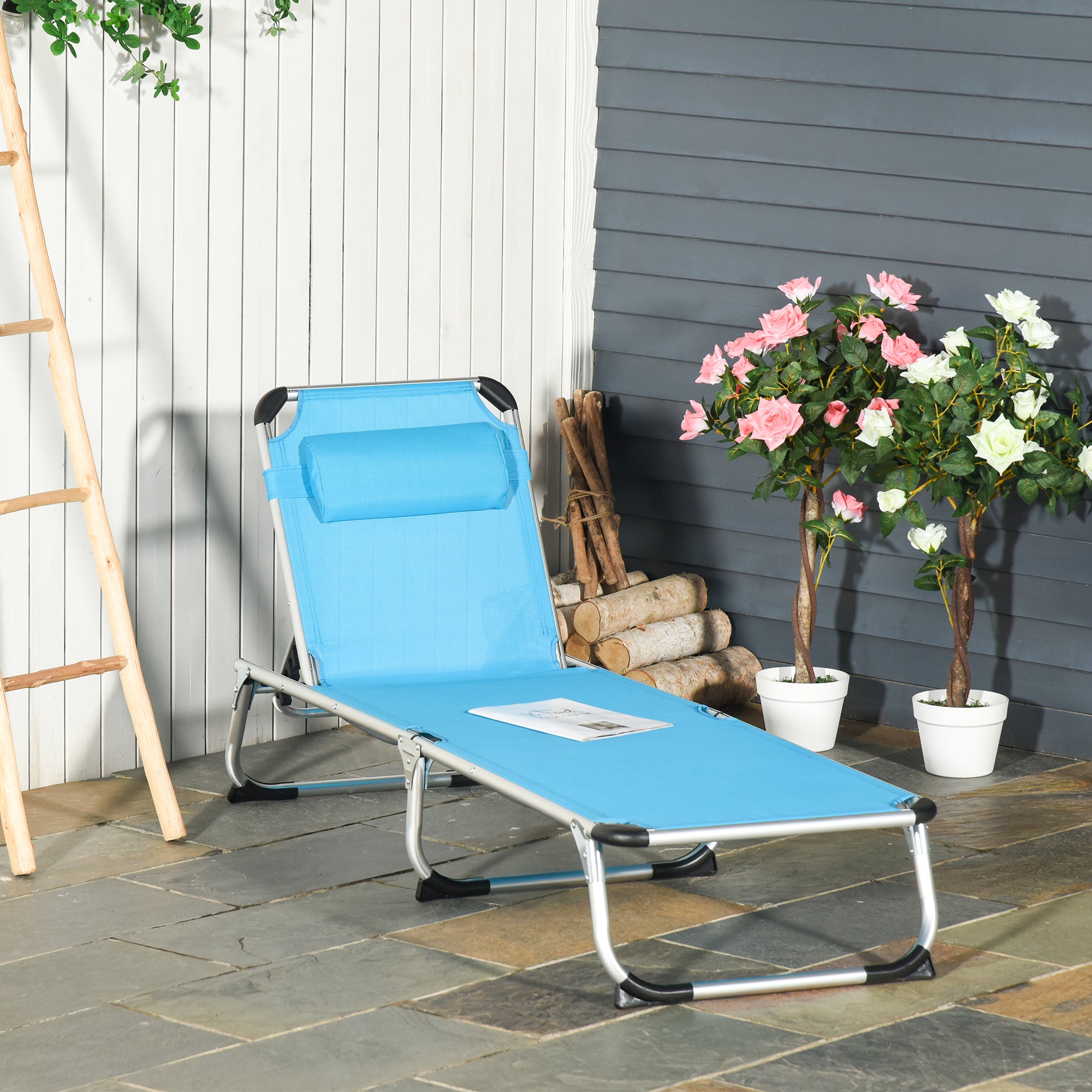Outsunny Foldable Outdoor Sun Lounger, Reclining Lounge Chair Camping Bed Cot with Pillow 4-Level Adjustable Back Aluminium Frame, Blue 