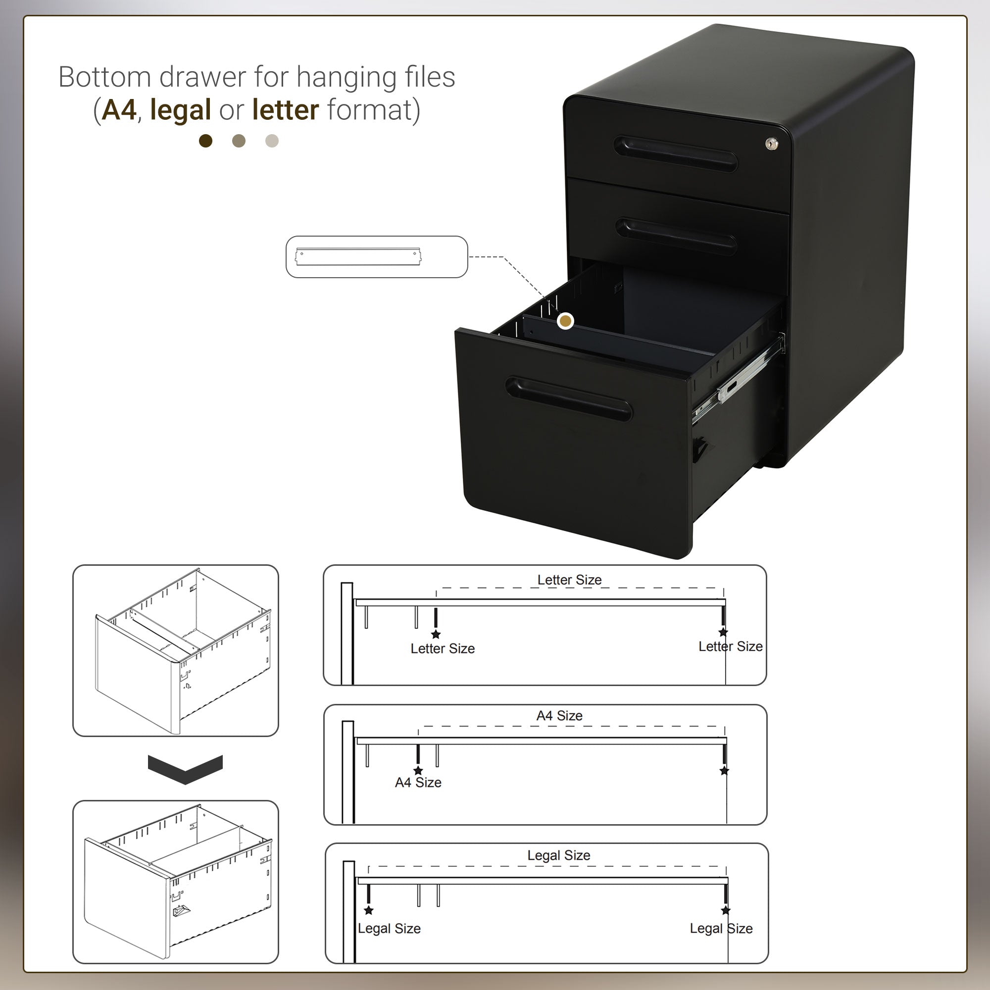 Vinsetto Lockable File Cabinet with 3 Drawers, Vertical Office Drawer for A4, Letter, Legal Size, Anti-tilt Design, Pre-Assembled Body, Black 