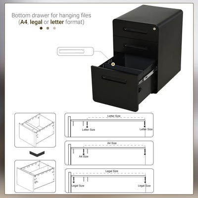 Vinsetto Lockable File Cabinet with 3 Drawers, Vertical Office Drawer for A4, Letter, Legal Size, Anti-tilt Design, Pre-Assembled Body, Black 