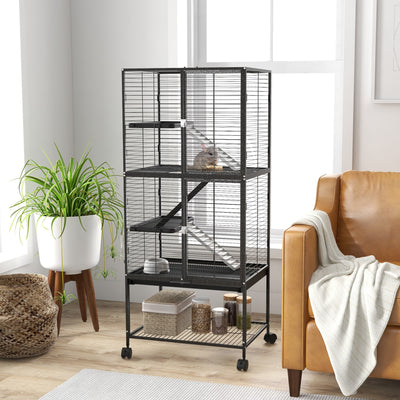 PawHut Rolling Chinchilla Cage, Small Animal Cage for Ferrets w/ Three Doors, Storage, Shelf, Tray Tray, Bowl, Water Bottle 