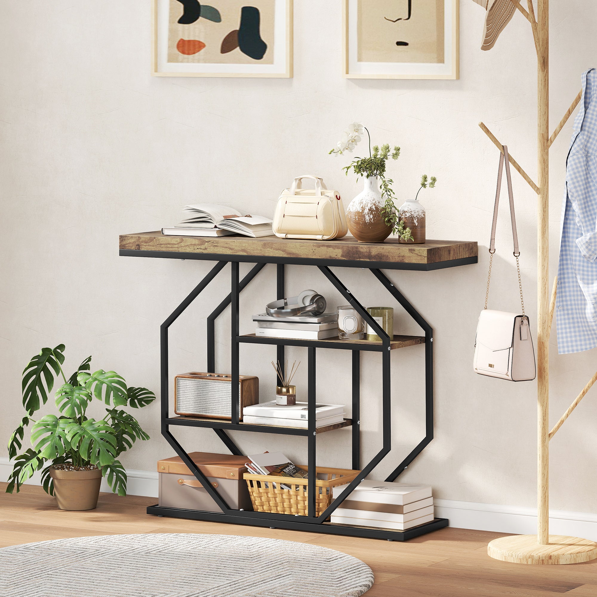 HOMCOM 4-Tier Industrial Console Table - Rustic Brown 
