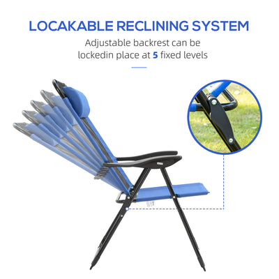 Outsunny Folding Garden Chairs Set of 2, 5-Position Recliner Camping Chair with High Back, All Weather Texteline Seat, Portable Outdoor Dining Chairs with Headrests for Patio, Picnic, Blue 