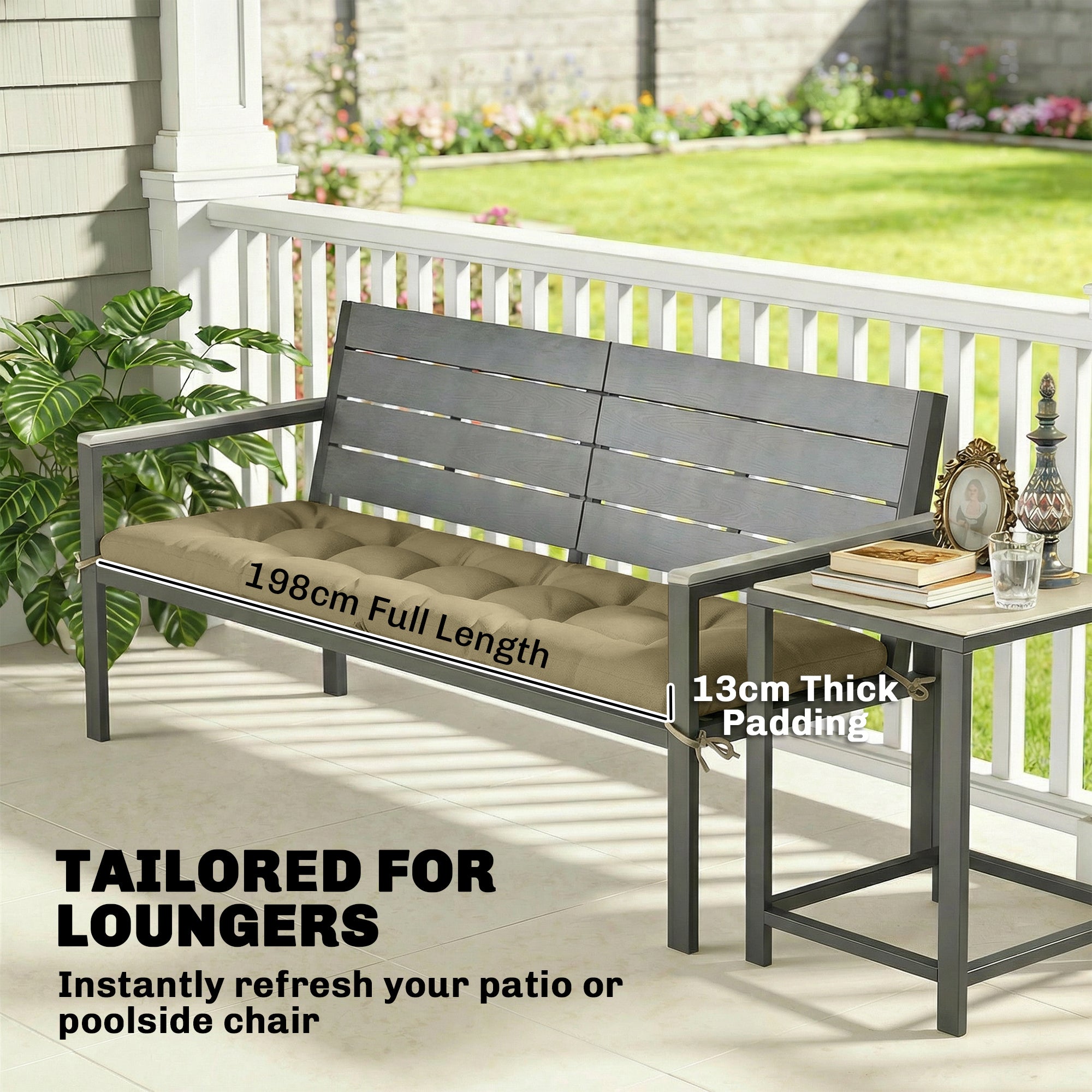 Outsunny Sun Lounger Cushion, Memory Foam Patio Chair Cushion with Ties, Outdoor Seat Pad Fits 190 x 60 cm Lounger, Sand 