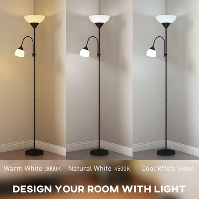 HOMCOM LED Floor Lamp for Living Room, 180cm Tall Standing Lamp, Mother and Child Uplighter with Adjustable Gooseneck, 3000K/4500K/6500K Colour Temperatures, Black 