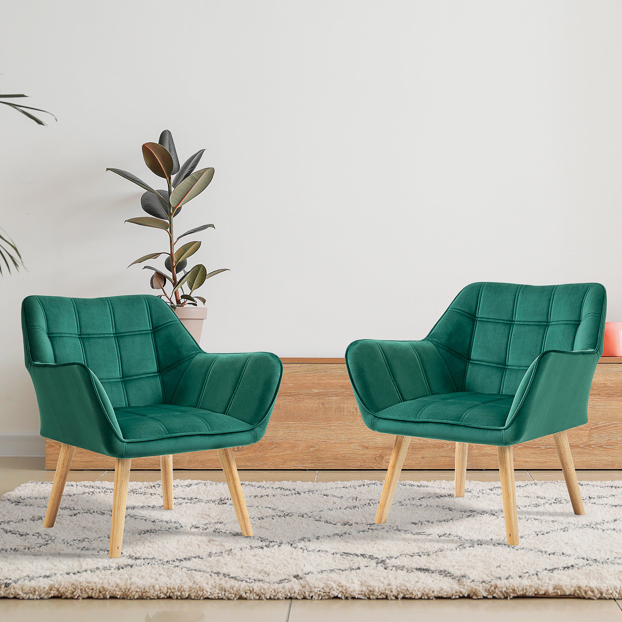 HOMCOM Armchair Accent Chair, Vanity Chair with Wide Arms, Slanted Back, Padding, Metal Frame, Wooden Legs, Home Bedroom Furniture Seating, Set of 2, Green 