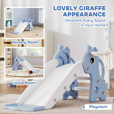 AIYAPLAY 3 in 1 Kids Slide with Climber, Basketball Hoop and Ball, Giraffe Shape Climber Slide for Indoor Kids Age 1-3, Blue 