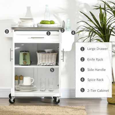 HOMCOM Wooden Kitchen Island on Wheels, Serving Cart Storage Trolley with Stainless Steel Top, Drawer, Side Handle and Rack, White 