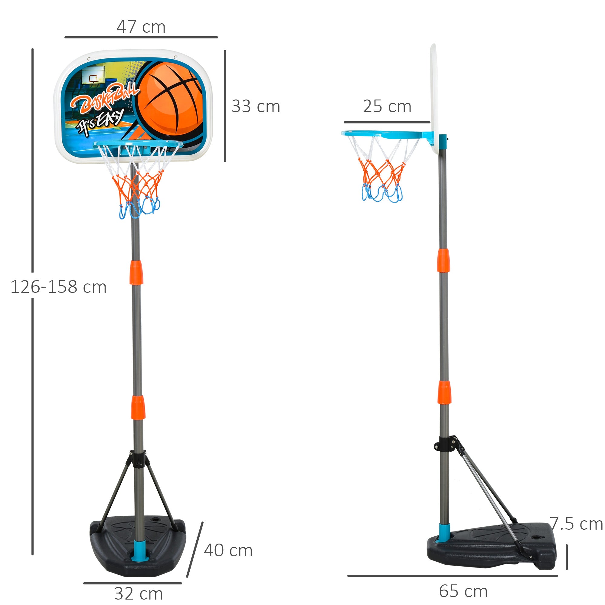 HOMCOM Kids Basketball Hoop and Stand Portable Basketball Stand Set w/ Ball Pump Netting Backboard Adjustable Height from 126 cm to 158 cm 