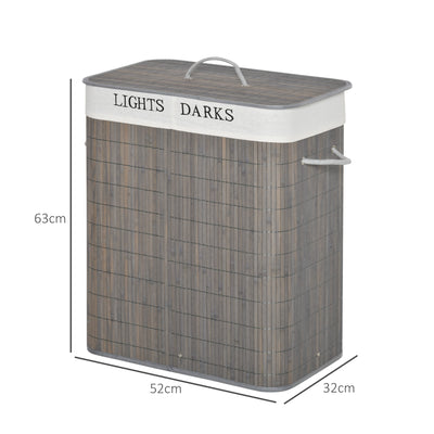 HOMCOM 100L Laundry Basket with Lid String Handles, 2 Section Collapsible Hamper Removable Lining Foldable Water-Resistant Dirty Clothes Storage, Grey 