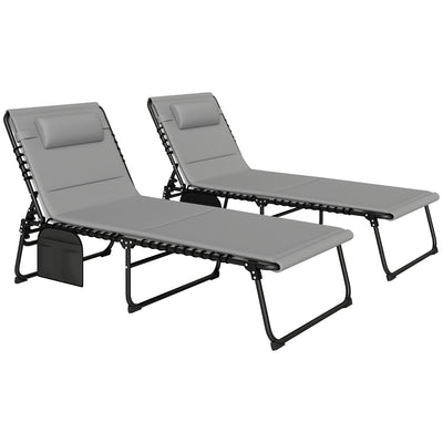 Outsunny Folding Sun Loungers Set of 2, Recliner Garden Chairs with Quick Drying Pad Headrest Side Pocket, Garden Sun Loungers for Beach Pool, Light Grey 