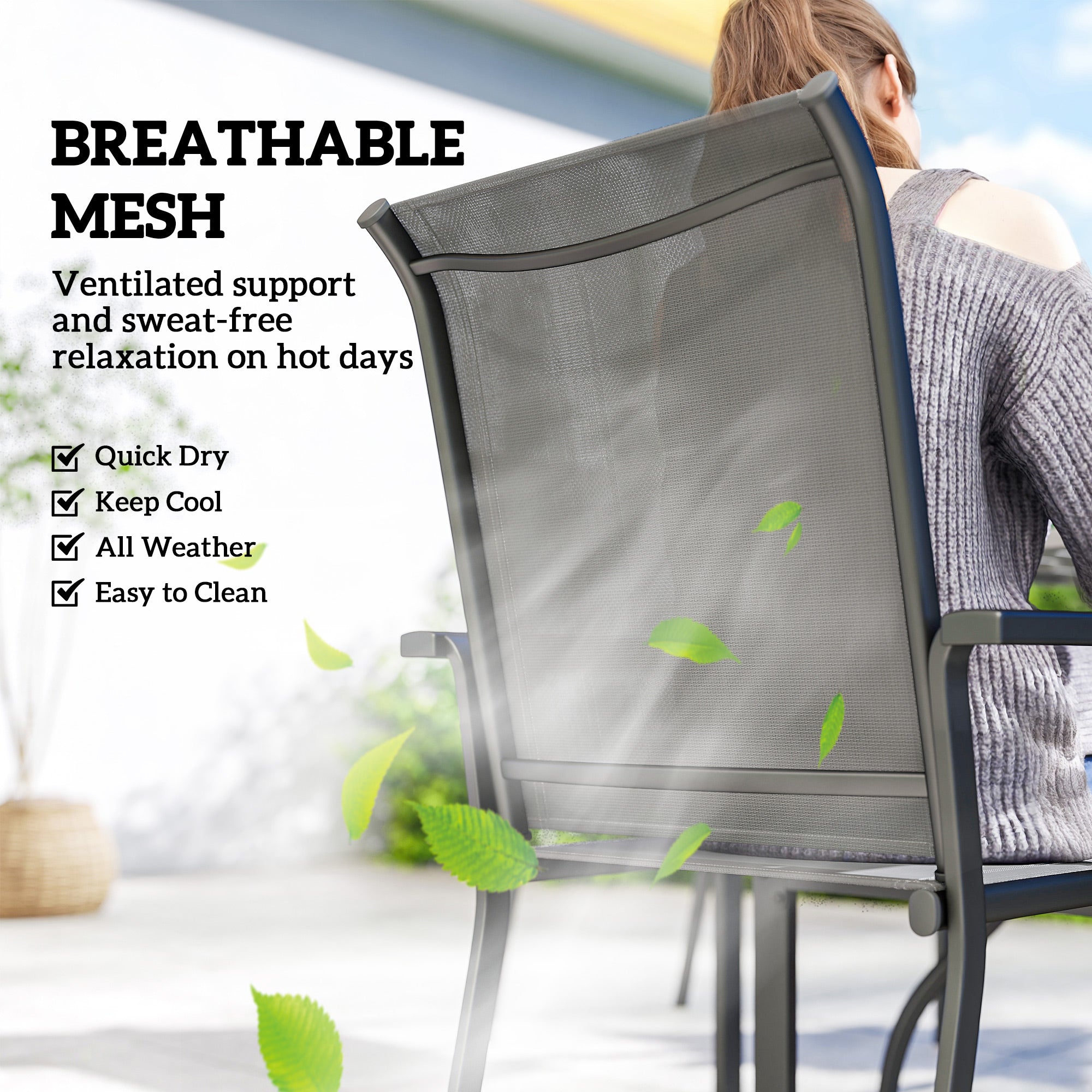 Outsunny 5 Pieces Outdoor Dining Set for 4, Garden Table and Stackable Chairs with Breathable Mesh Seat and Parasol Hole, Grey 