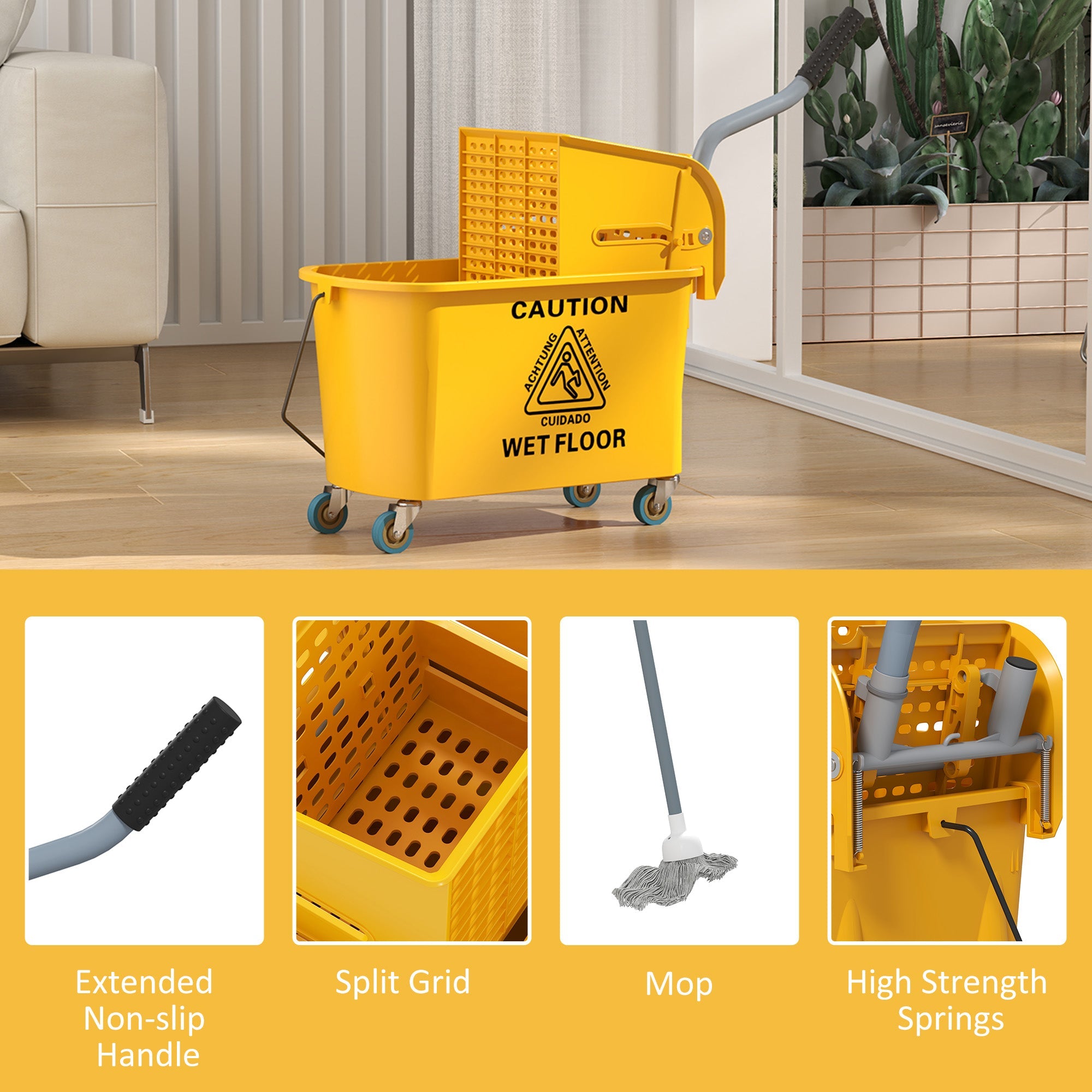HOMCOM Mop Bucket with Wringer Set on Wheels for Floor Cleaning, 20 Litre Side Press Wringer with Handle and Mop, Yellow 