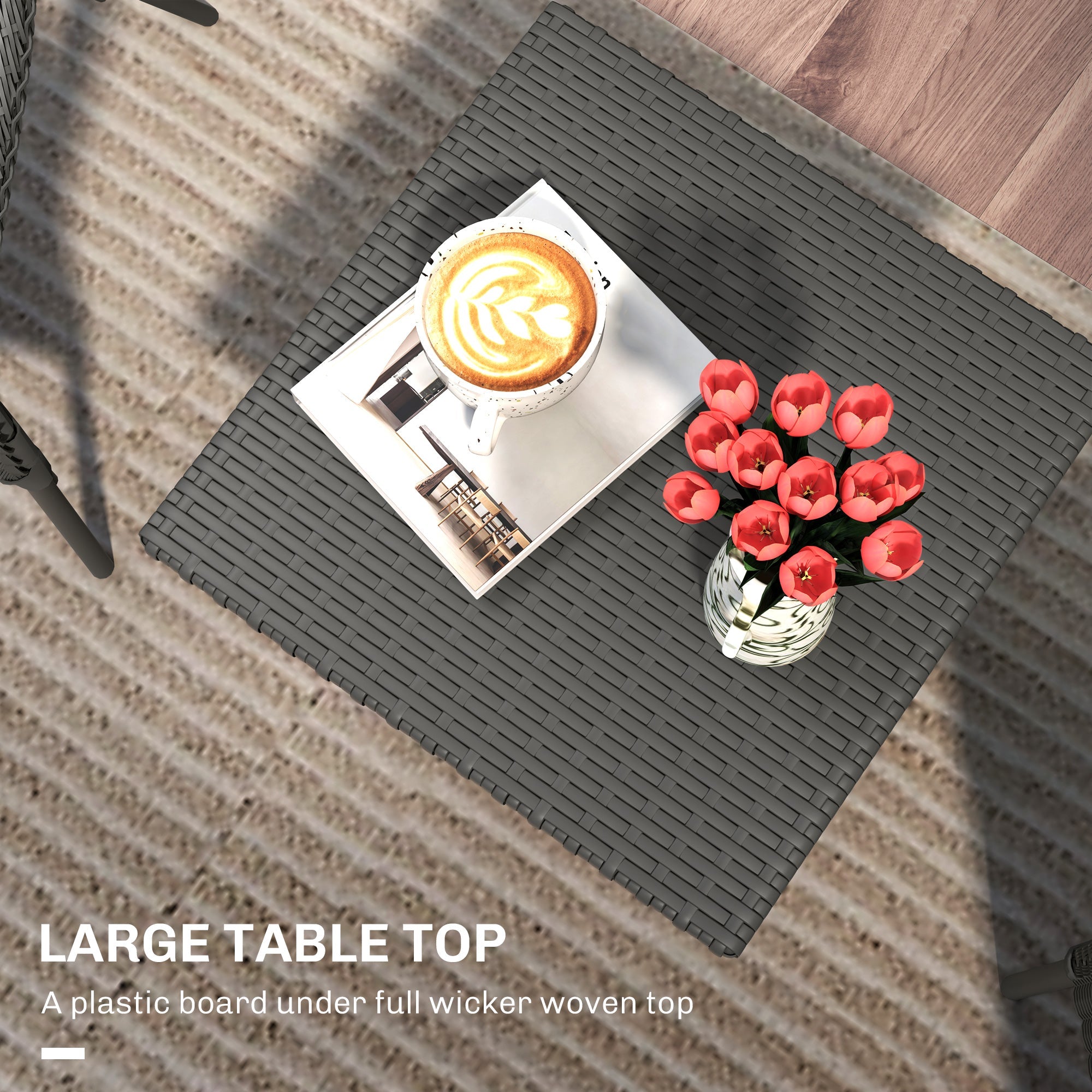 Outsunny Rattan Side Table, Outdoor Coffee Table with Plastic Board Under the Full Woven Table Top for Patio, Garden, Balcony, Grey 