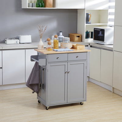 HOMCOM Rolling Kitchen Island on Wheels, Utility Serving Cart with Rubber Wood Top, Towel Rack, Hooks and Storage Drawers, Grey 