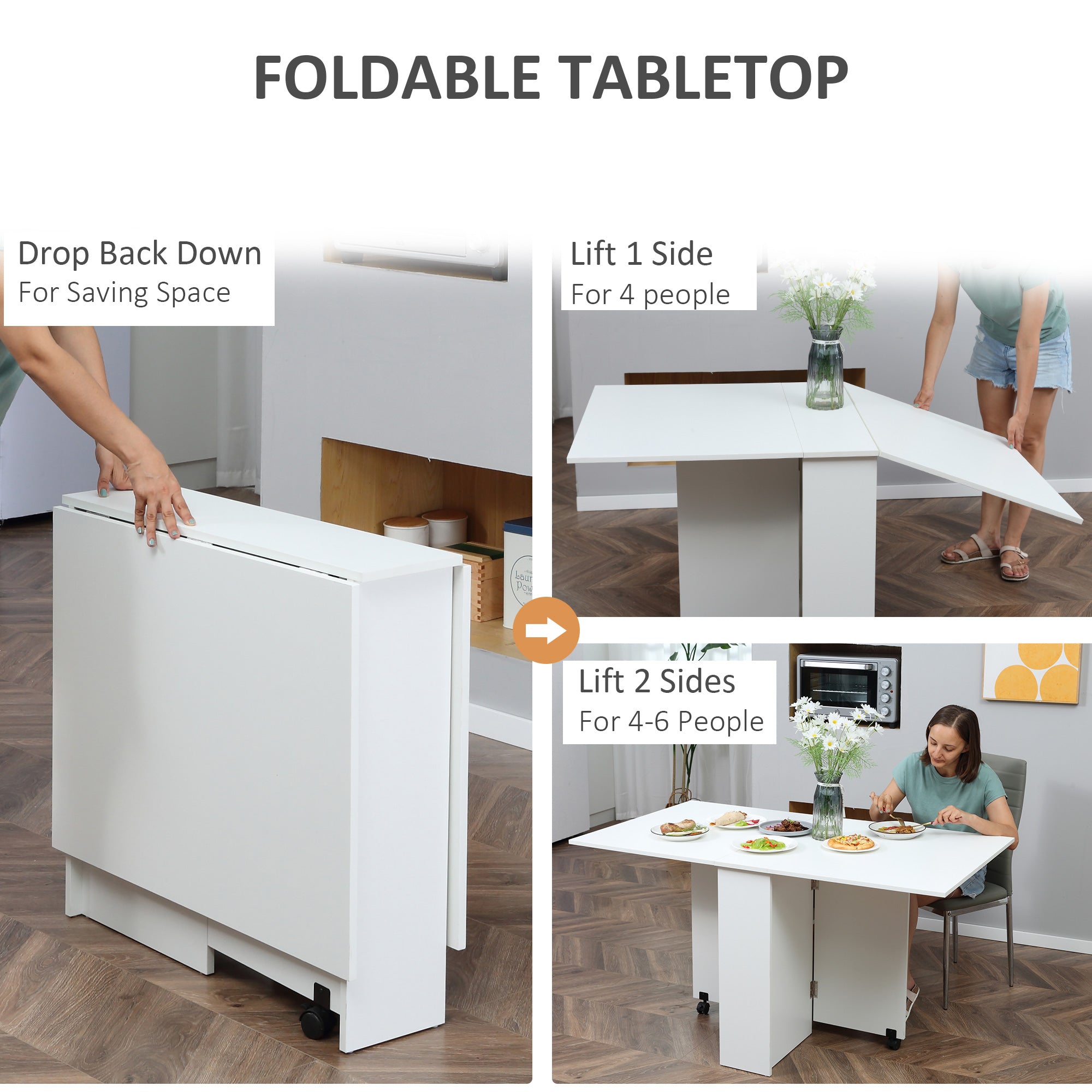 HOMCOM Folding Dining Table, Drop Leaf Table with 2-Tier Shelves, Rolling Casters, for Small Spaces, Kitchen, White 