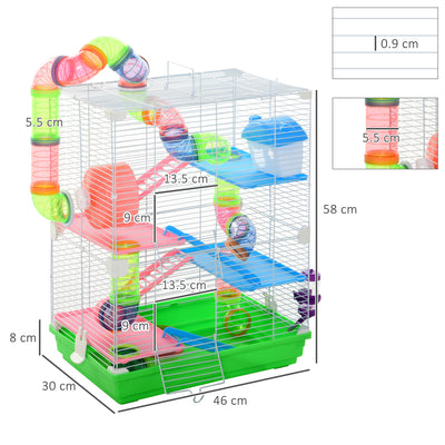 PawHut 5 Tier Hamster Cage Carrier Habitat w/ Exercise Wheels, Tunnel, Green 
